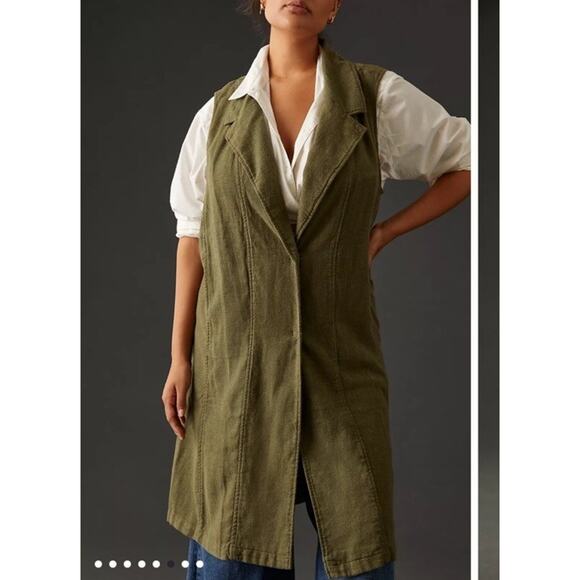 Anthropologie By Anthropologie Long-Line Vest Size Large Petite Moss Green Linen - Picture 1 of 11